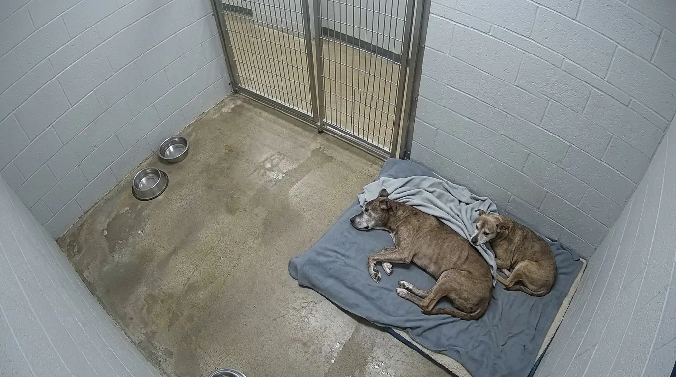 Senior Shelter Dog Rosie Keeps Pulling a Blanket Back Over the Frail Dog Beside Her When He Starts Shivering