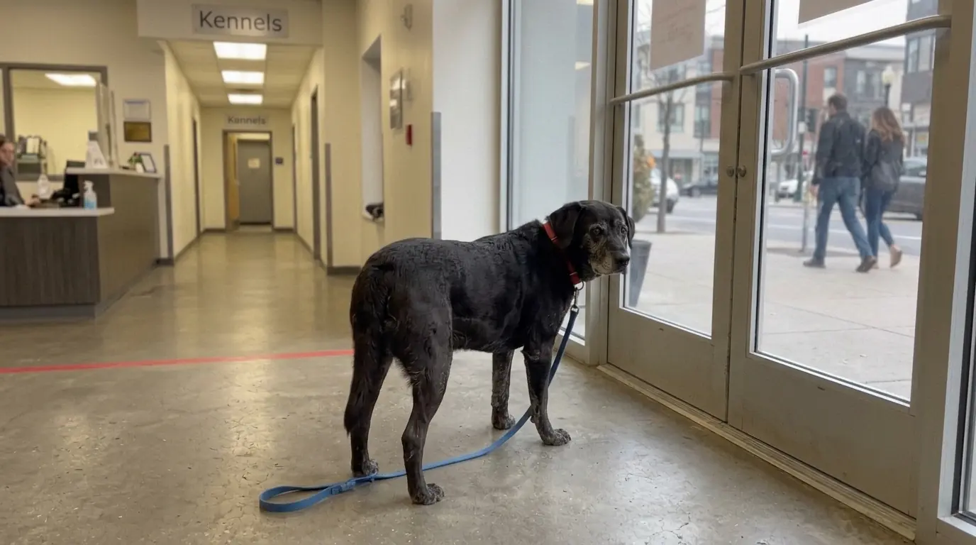 Every Time This Shelter Dog Gets Out of His Kennel, He Walks Straight to the Same Glass Door
