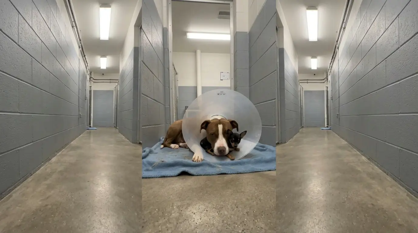 Every Night, This Tiny Shelter Dog Crawls Inside the Cone of the Recovering Pit Bull Beside Him