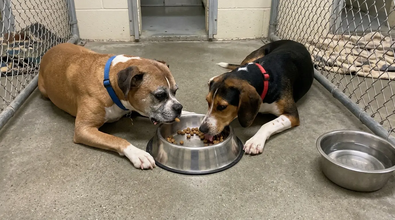 At Every Meal, This Hound Leaves Her Own Bowl and Lies Down Across From the Boxer Who Can Barely Keep His Food in His Mouth