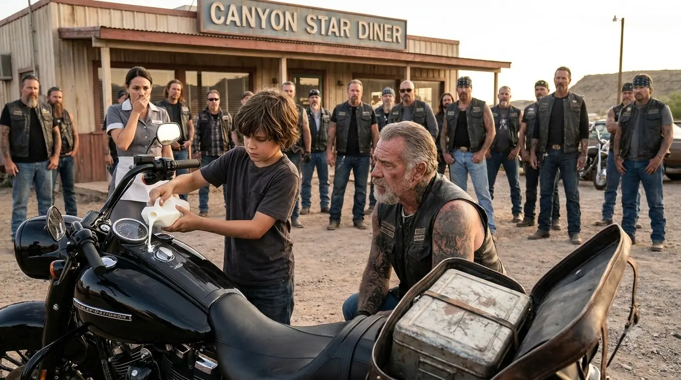 The Little Boy Poured Milk Into a Biker’s Harley — Then the Biker Asked One Question That Silenced Everyone