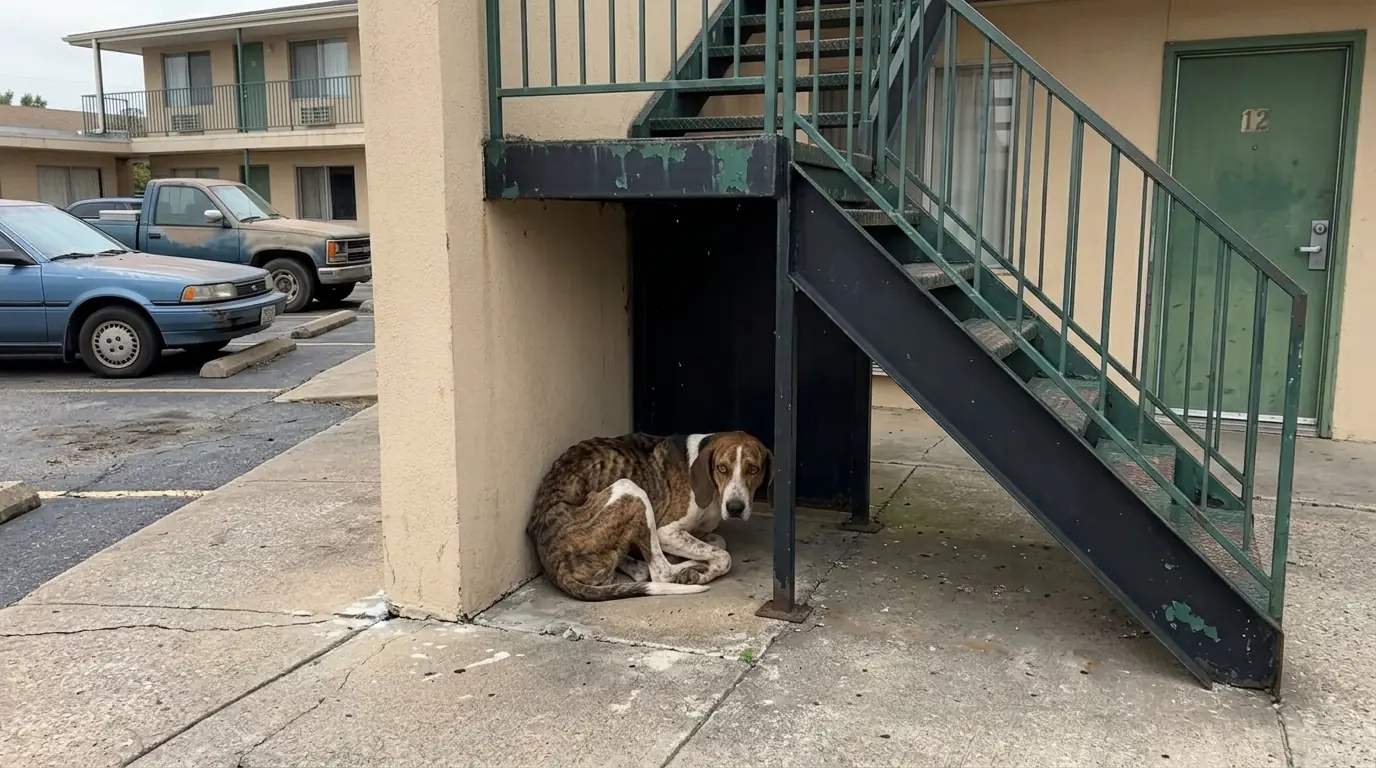 After Days Beneath a Highway Motel Staircase, This Stray Hound Crawled Into the Smallest Space She Could Find in the Rescue Car