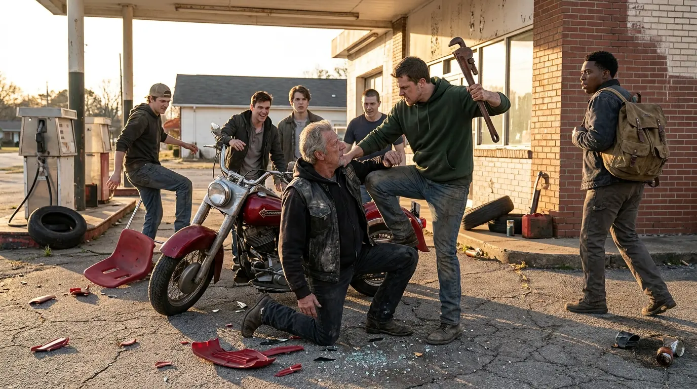 Six Men Beat Down an Old Biker at a Gas Station — Then One Stranger Stepped Into the Circle