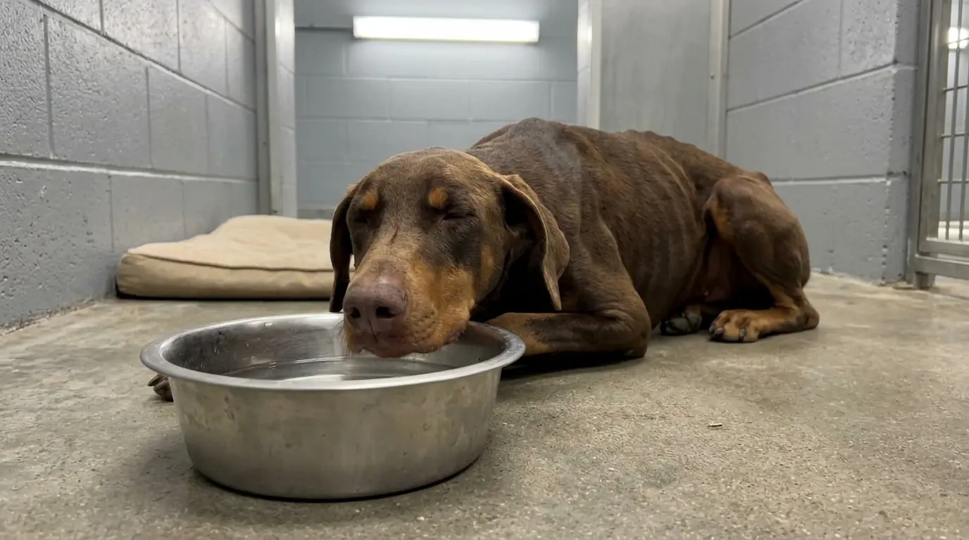 This Severely Underweight Doberman Keeps Falling Asleep With Her Head Resting on the Water Bowl Because She Is Too Weak to Make It Back to Bed