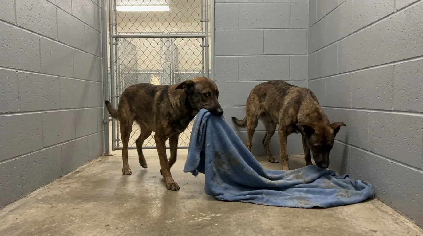 Every Time the Shelter Gets Too Loud, This Shepherd Picks Up the Same Blanket Before Searching for Somewhere Else to Hide