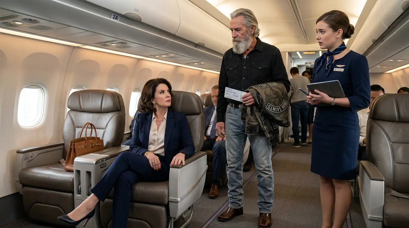 Rich Woman Stole an Old Biker’s First-Class Seat — Then Learned He Controlled Her Husband’s $500M Deal