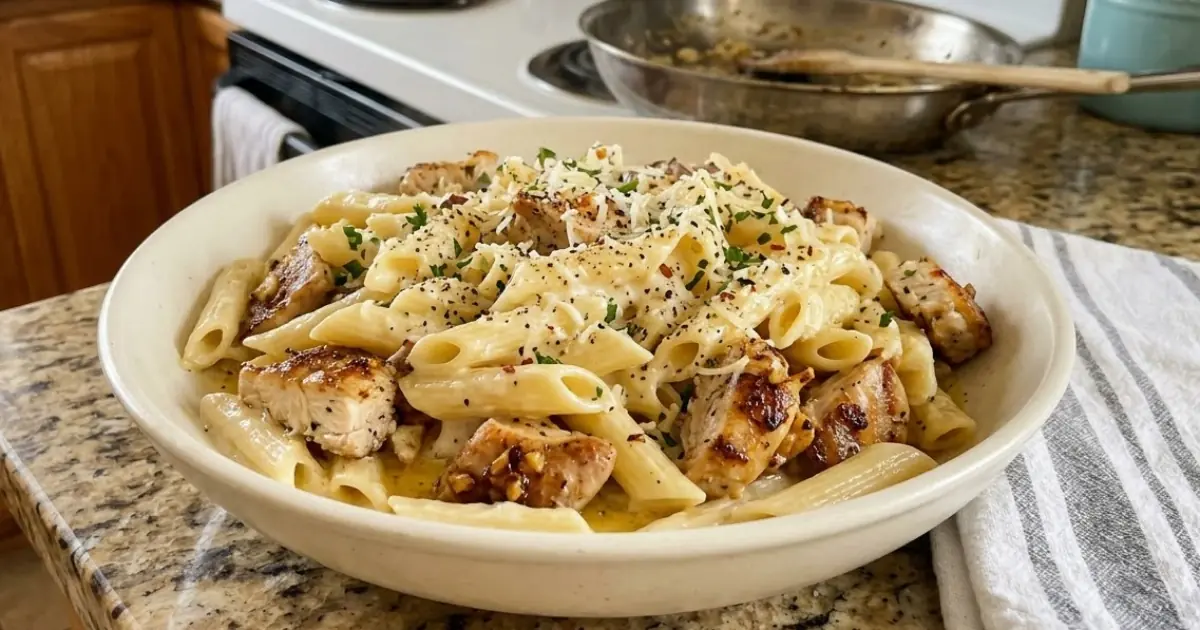 Garlic Butter Chicken Penne Alfredo – Juicy Chicken, Silky Parmesan Cream & Buttery Garlic Flavor
