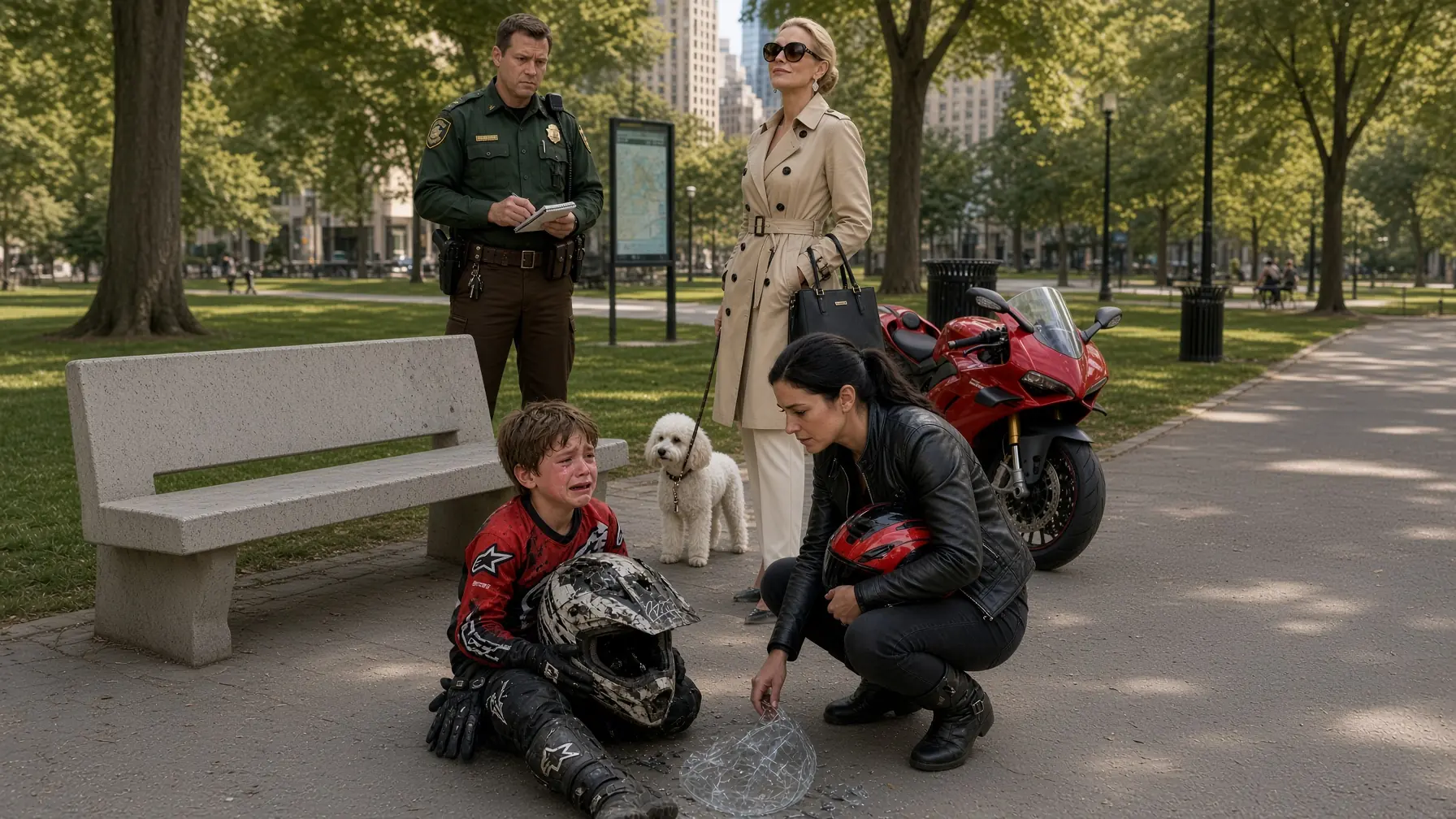 A Wealthy Woman Smashed a Boy’s Signed Motocross Helmet — Then a Female Biker Looked at the Broken Visor and Down at Her Heels
