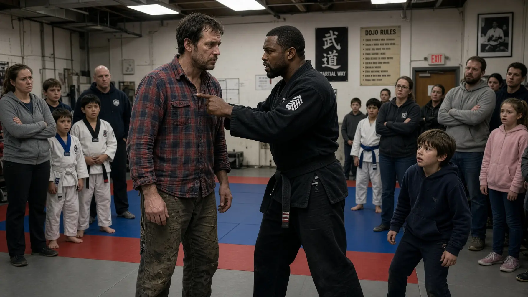 The Black Belt Shoved a Tired Dad in Front of His Son — Then Something About the Man’s Stance Changed