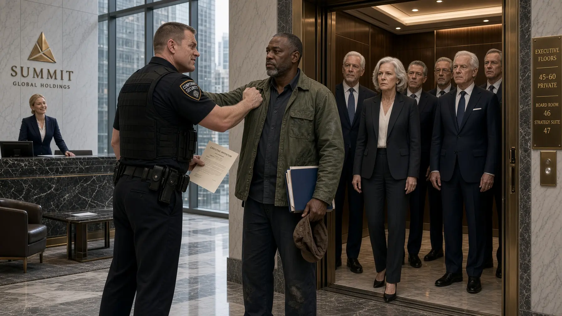 A Security Guard Called Andre a Trespasser at the CEO Elevator — Then Every Executive Inside Stood Up