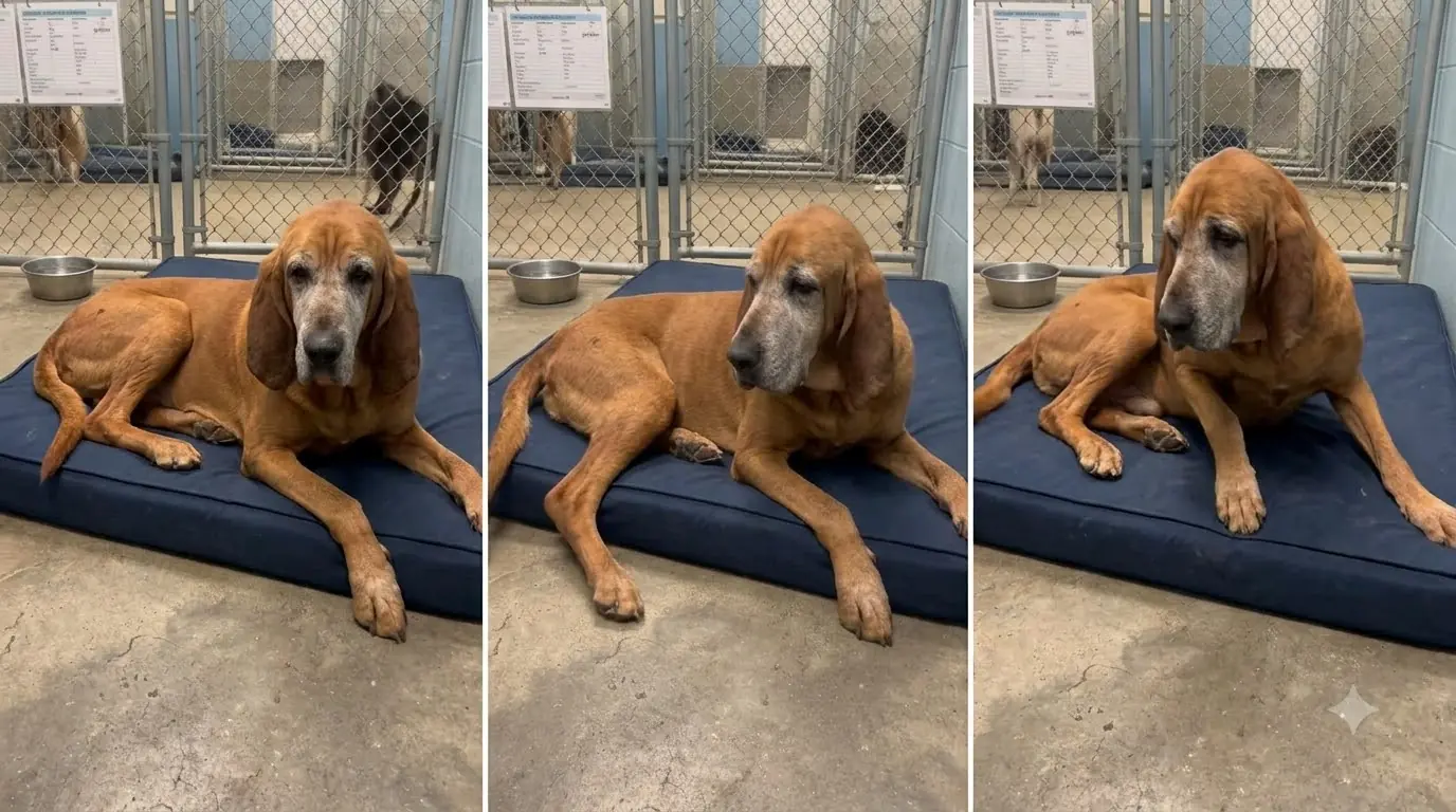 Staff Kept Finding This Senior Bloodhound Halfway Off His Bed, Until They Realized He Was Sliding Out of It in His Sleep