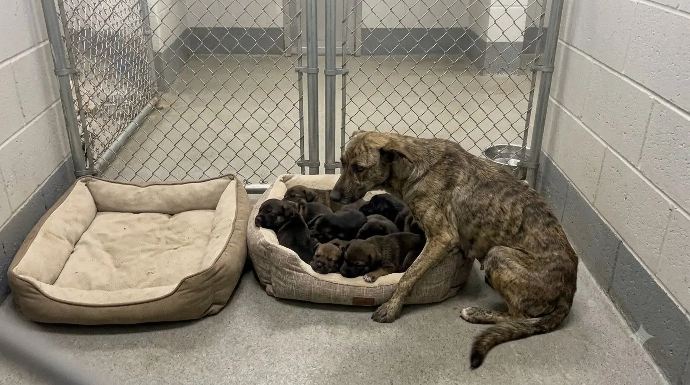 This Underweight Mother Dog Has a Bed of Her Own, but She Keeps Squeezing Into the Tiny One With Her Puppies