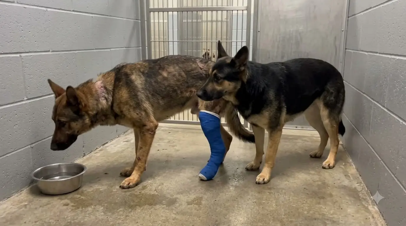 Every Time This Injured Shepherd Struggles Across the Kennel, the Dog Beside Him Gets Up and Walks With Him