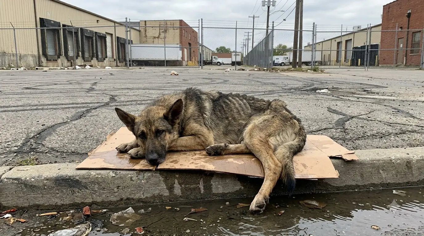 Rescuers Kept Finding This Skeletal Shepherd Sleeping Beside the Road With One Injured Leg Hanging Into the Gutter