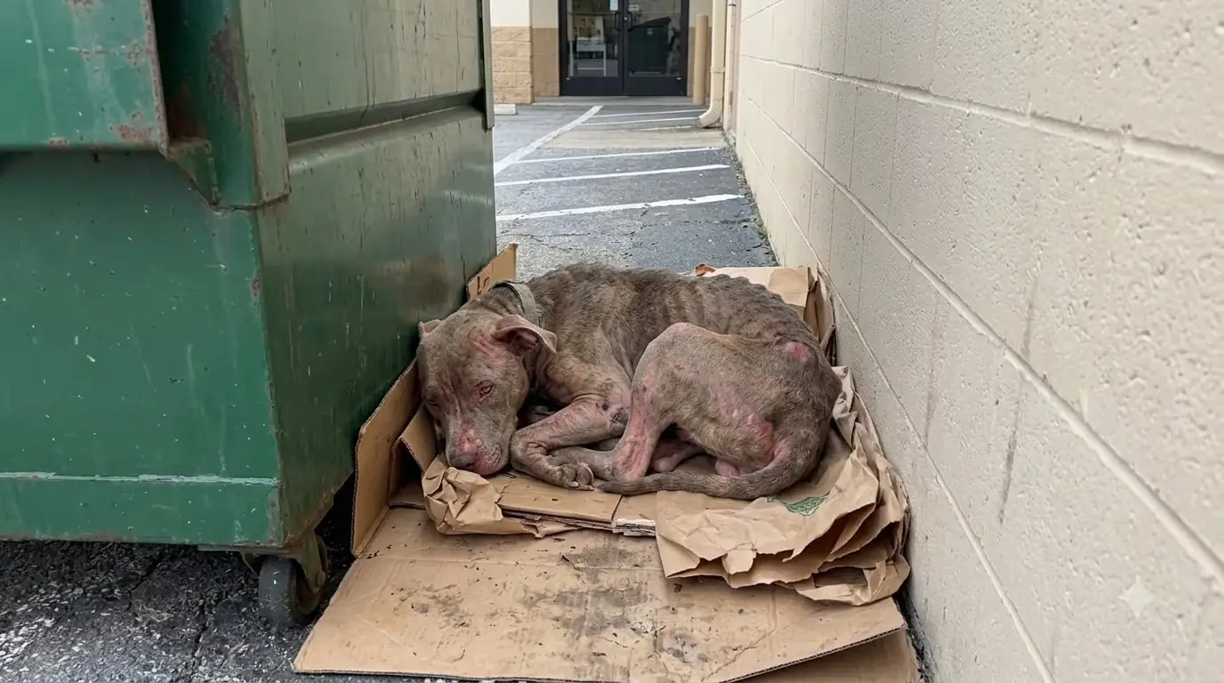 This Underweight Pit Bull Kept Building Herself a Bed From Trash Behind a Store That Never Opened Again