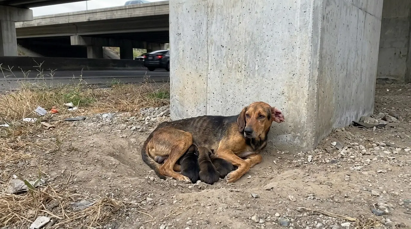 She Was So Thin Her Ribs Showed, but Beneath the Highway She Was Still Curling Her Body Around Three Nursing Puppies