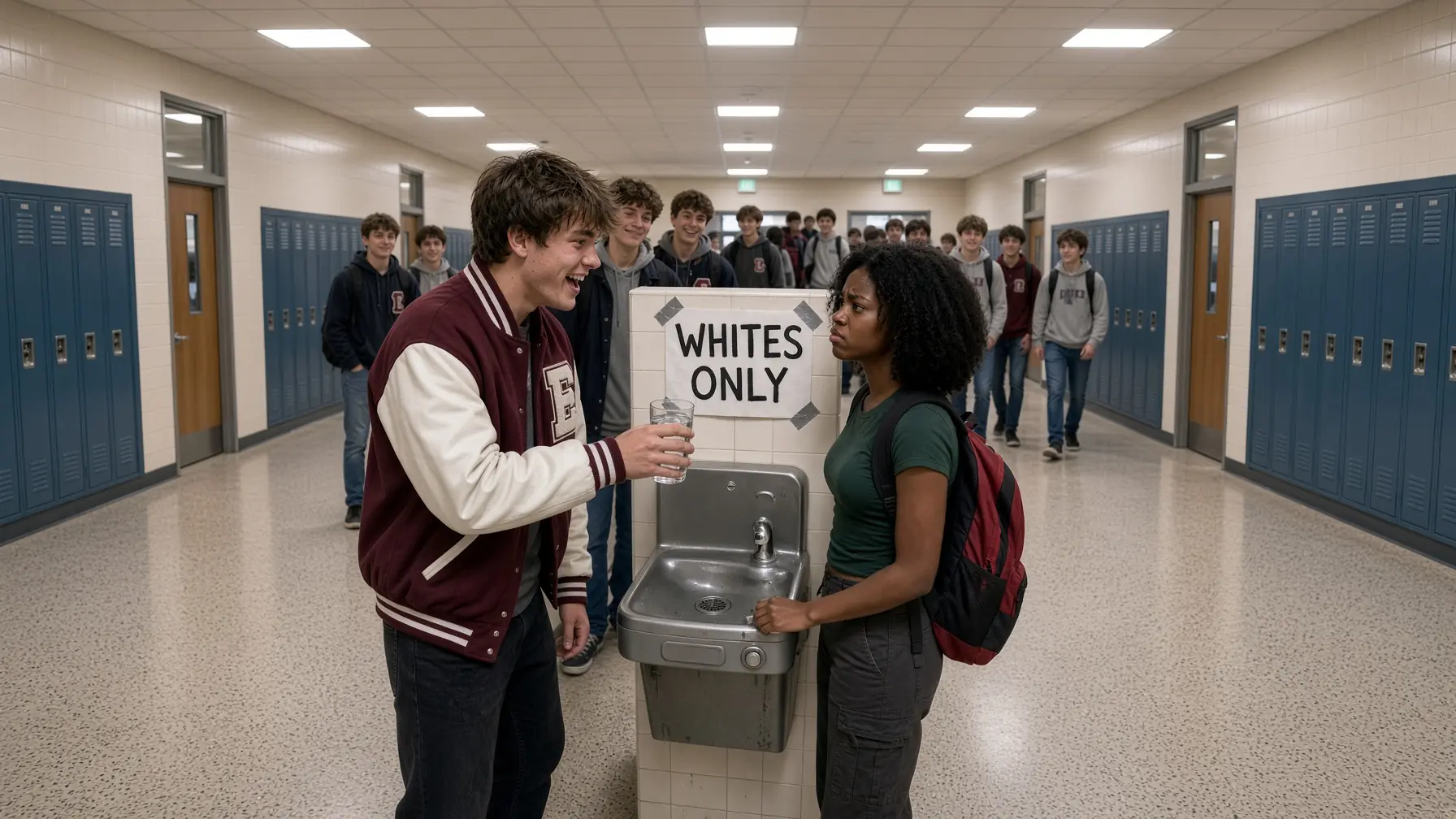 White Bully Puts Up Racist Sign Over Water Fountain, 5 Minutes Later He Gets Karma