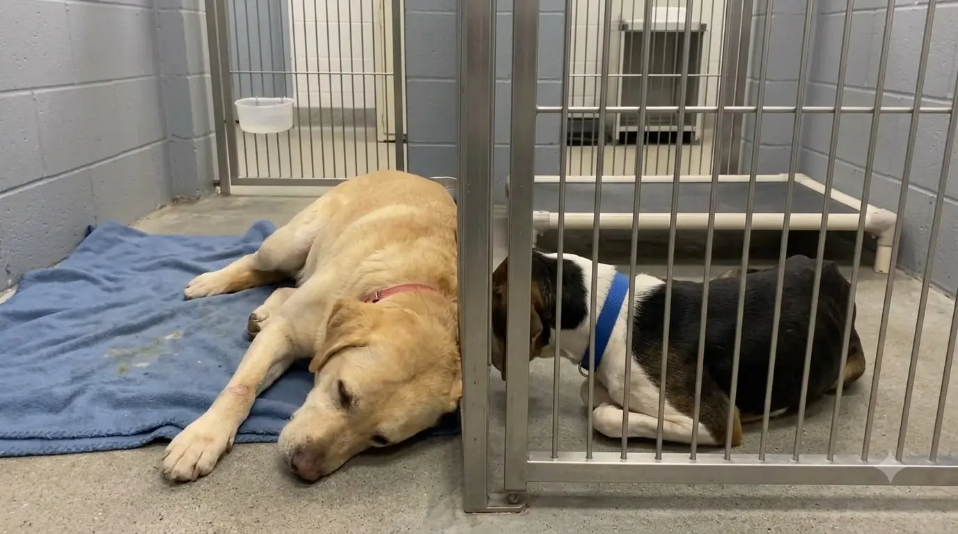 Every Night, This Three-Legged Senior Lab Drags His Blanket to the Kennel Wall Just to Sleep Beside the Dog on the Other Side