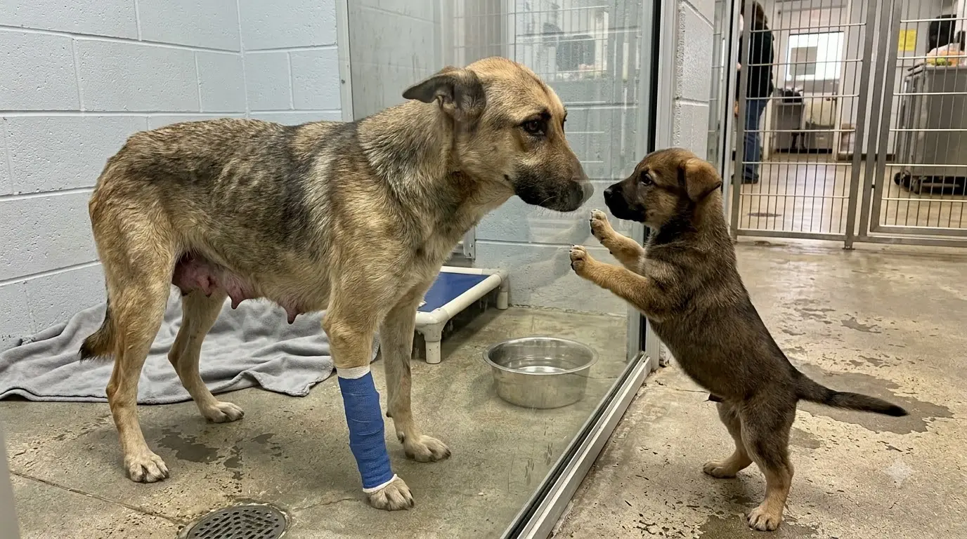 Every Time Her Only Puppy Passes the Recovery Room, This Injured Mother Dog Presses Her Whole Body Against the Glass