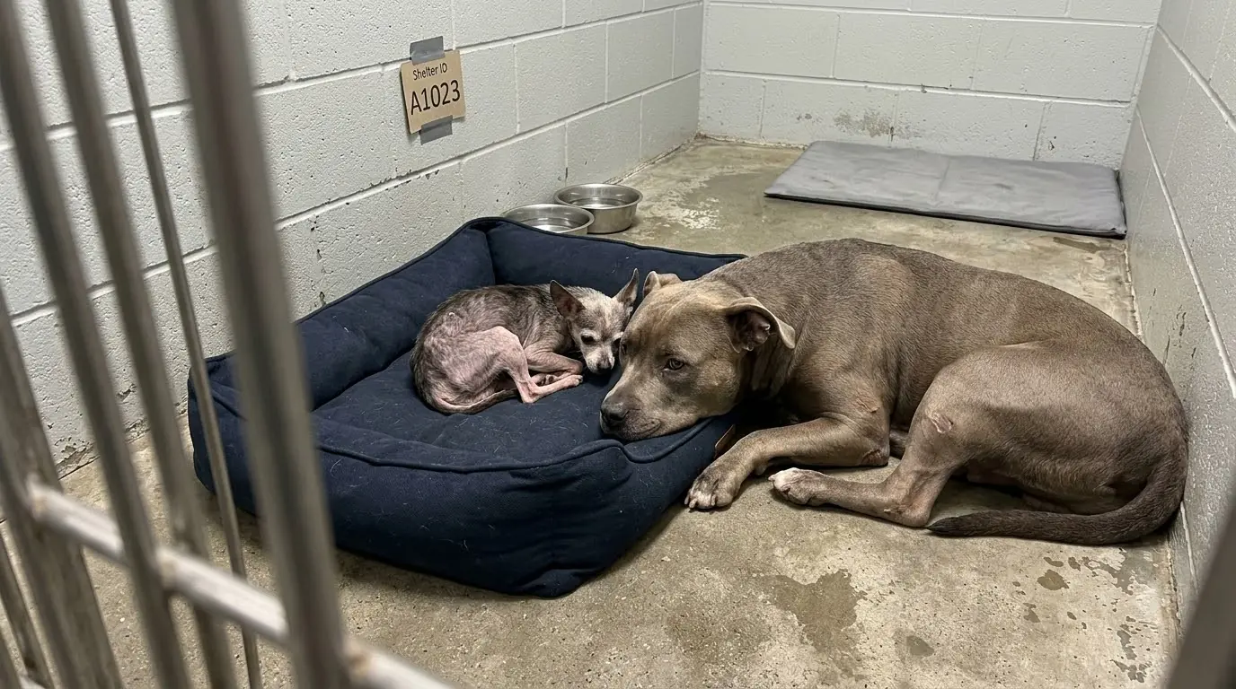 The Shelter Gave Them Two Beds, but Every Night This Pit Bull Mix Pushes the Better One Across the Kennel