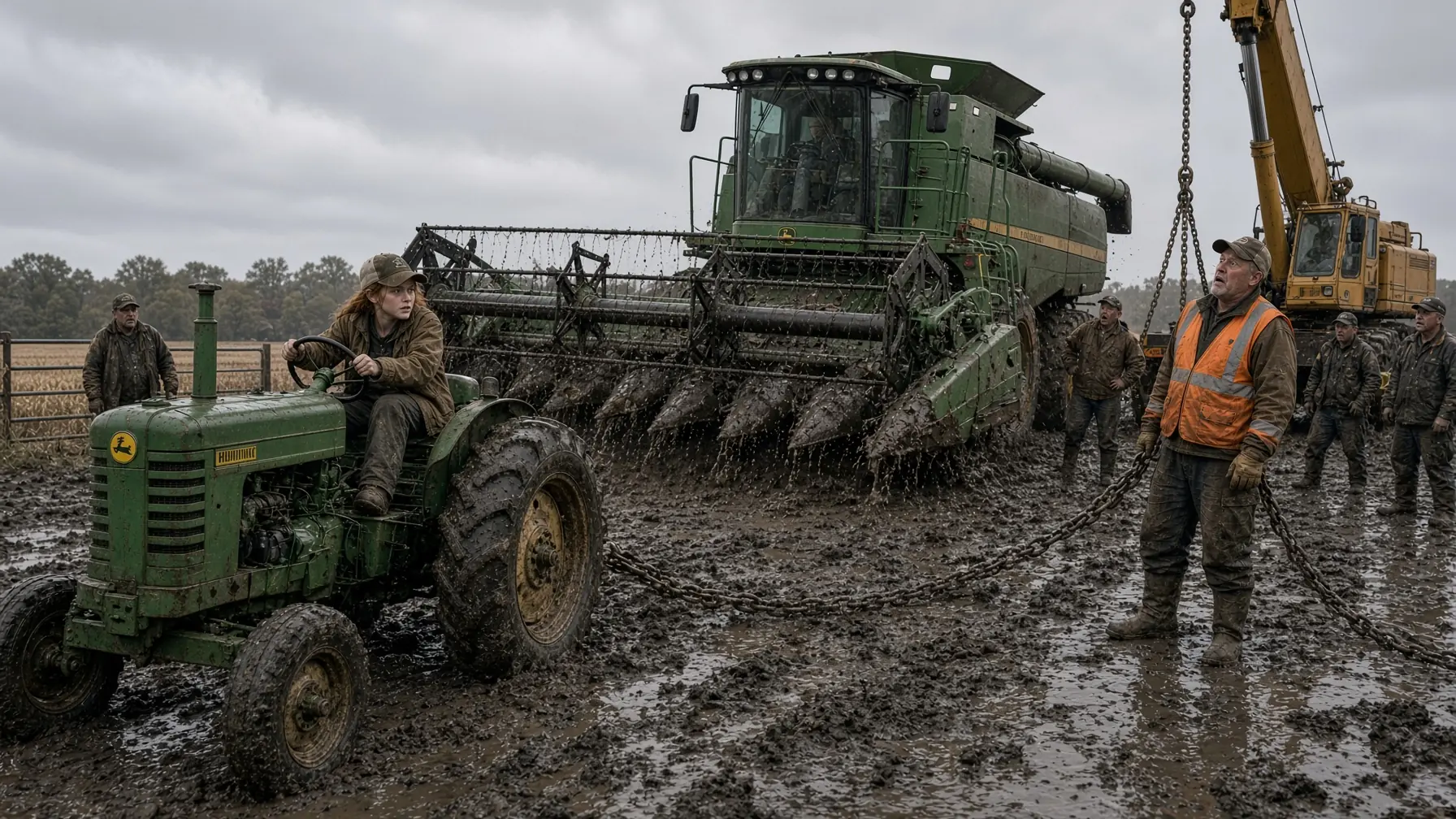 FOUR CRANE CREWS SAID THE 91,000-LB COMBINE WAS LOST IN THE MUD—THEN A 12-YEAR-OLD GIRL ARRIVED ON A 1953 JOHN DEERE