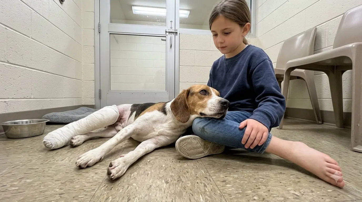 The Little Girl Was Told Not to Come Any Closer — Then This Injured Beagle Mix Started Dragging His Cast Across the Floor