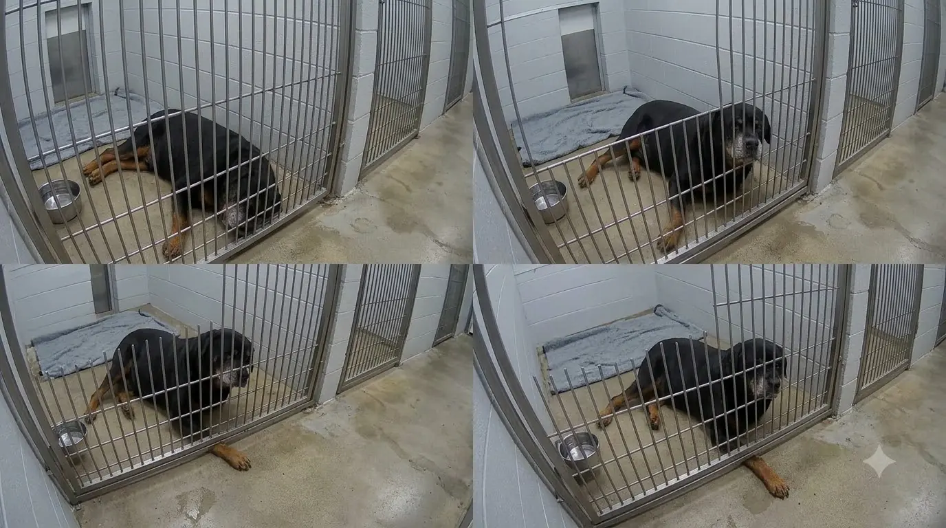 After the Kennel Hallway Goes Quiet, This Three-Legged Rottweiler Sleeps With His Only Front Paw Outside the Gate