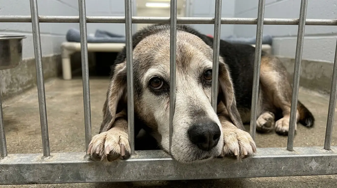 For Weeks, This Senior Beagle Has Chosen the Kennel Door Over His Bed — and Looks Up Every Time Someone Stops