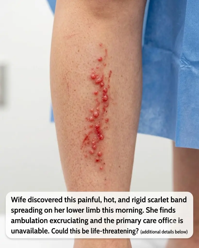 My husband woke up with this hard, warm red line tracking down his lower leg. He says it hurts to walk and the clinic is closed today. Is this serious?