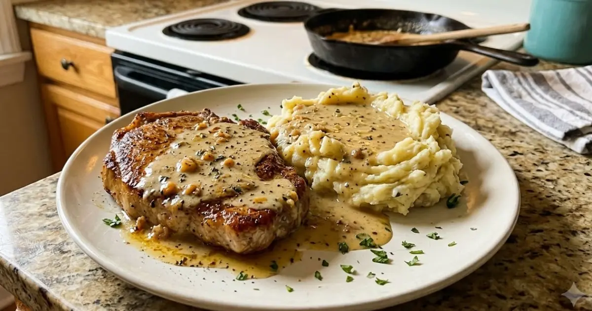 Creamy Garlic Pork Chops & Mashed Potatoes – Tender, Buttery & Smothered in Rich Garlic Gravy