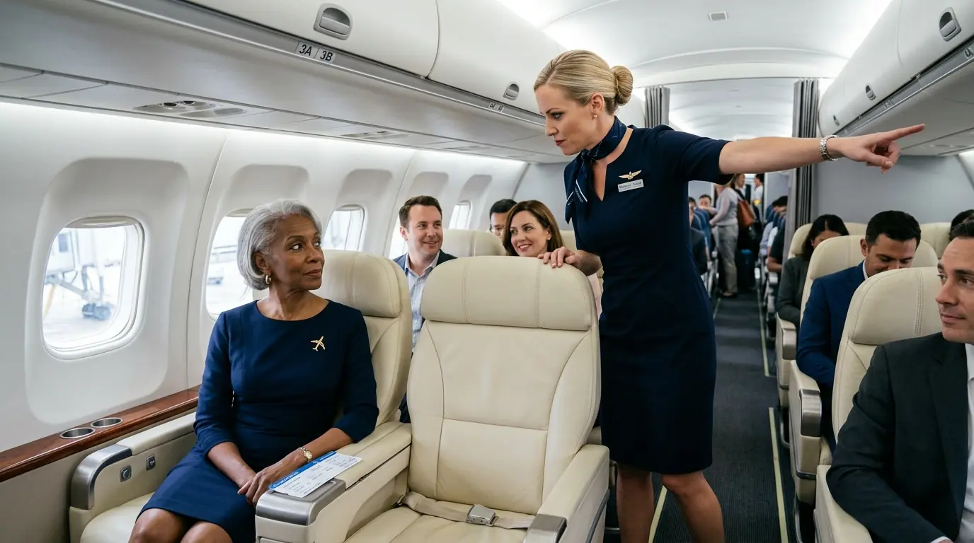 FLIGHT ATTENDANT ORDERED AN ELDERLY BLACK WOMAN OUT OF FIRST CLASS—THEN THE CABIN DOOR OPENED