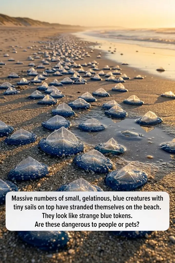 Found thousands of these translucent blue, plastic-looking ovals washed up on the beach today. They have a stiff fin on top and blue jelly underneath. Are they dangerous?