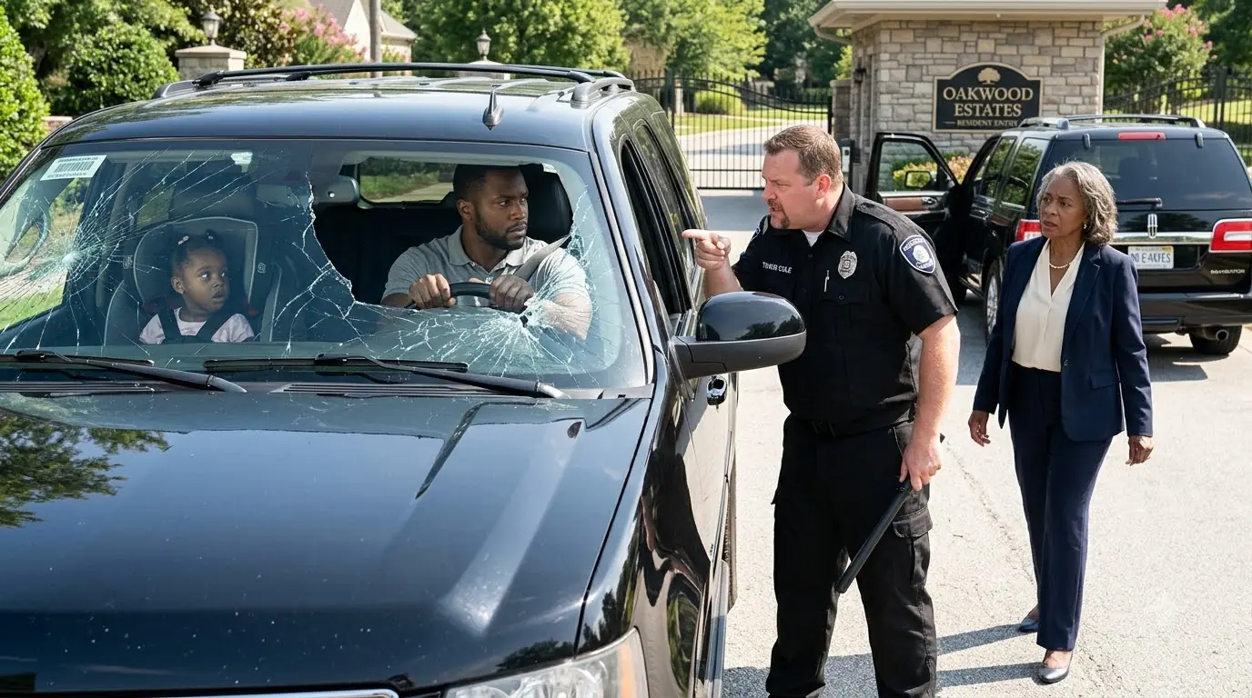 A Security Guard Smashed a Young Father’s Car Window at His Own Gate — Then the Woman Behind Him Stepped Out