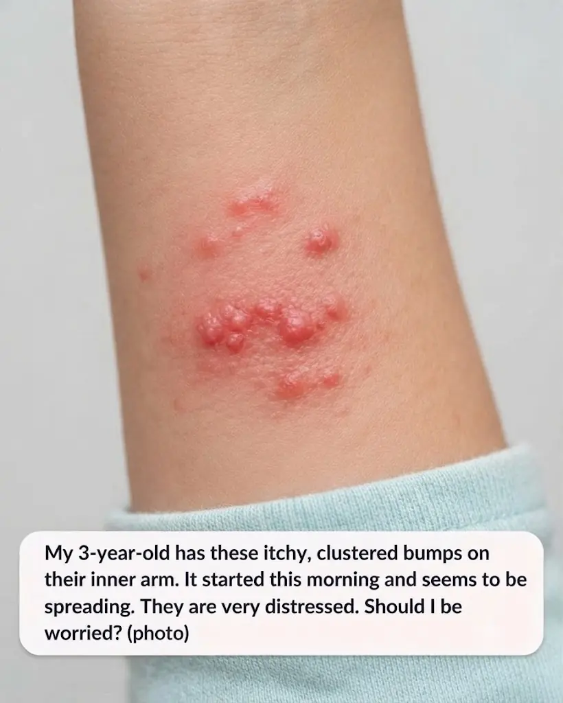 My toddler woke up with these tiny red bumps clustered all around his ankles. The nurse line is completely busy and he keeps scratching them. What is this?