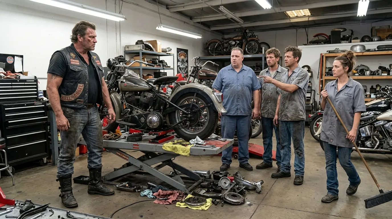 “Who Fixed My Harley?” the Hells Angel Demanded — Then a Mechanic Pointed at the Woman With the Broom