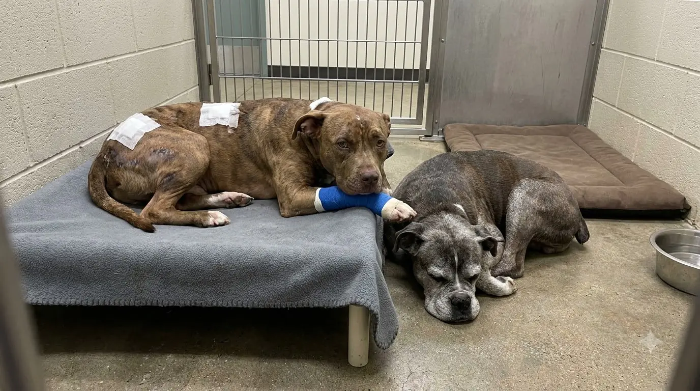 They Gave the Old Boxer His Own Bed, but He Keeps Sleeping on the Floor Beside Her Bandaged Paw