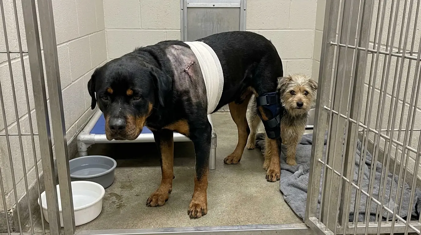 The Rottweiler Can Barely Stay on His Feet, but Whenever His Little Brother Starts Shaking, He Gets Up Anyway