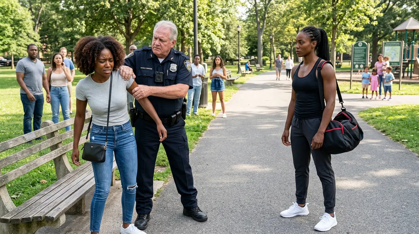 THE OFFICER SHOVED A YOUNG WOMAN AGAINST A PARK BENCH—THEN SOMEONE ON THE WALKING PATH PUT DOWN HER GYM BAG