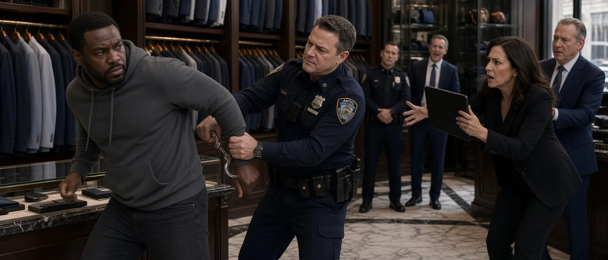 THE OFFICER HANDCUFFED A QUIET CUSTOMER INSIDE THE LUXURY STORE—THEN ONE TABLET CHANGED THE ENTIRE ROOM