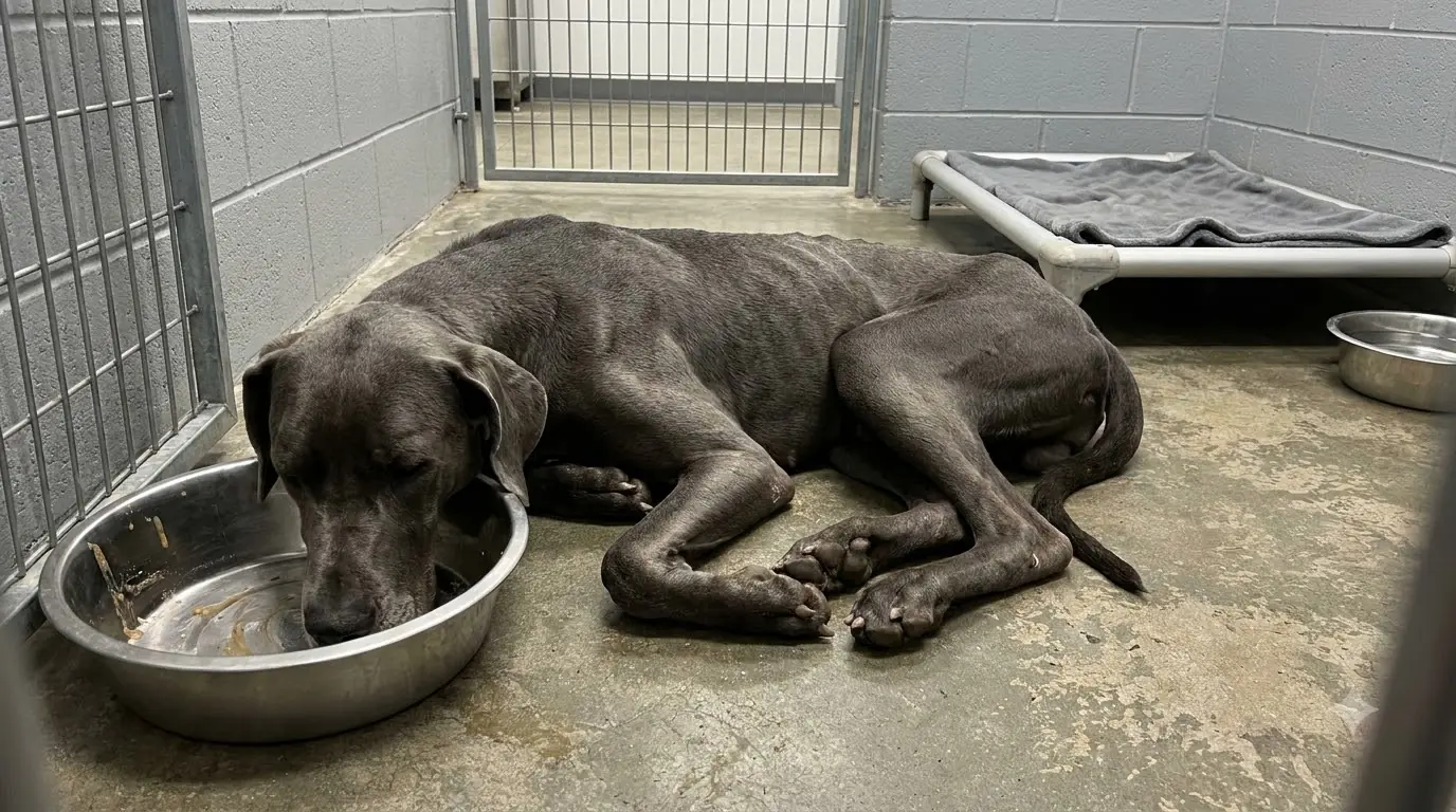 After Every Small Meal, This Starving Great Dane Mix Falls Asleep With His Face Still Inside the Empty Bowl