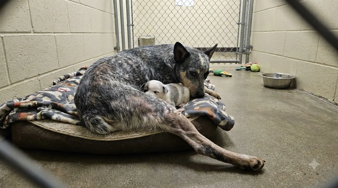Every Time Her Only Puppy Crawls Away, This Injured Mother Dog Drags Herself Over to Cover Him Again