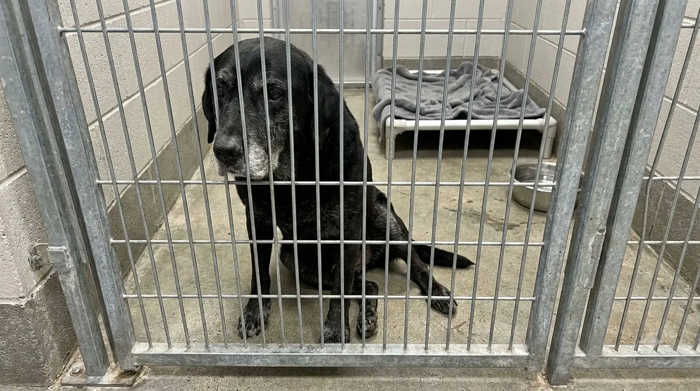 With Two Hours Left, This Senior Lab Still Refuses to Leave the Front of Her Kennel