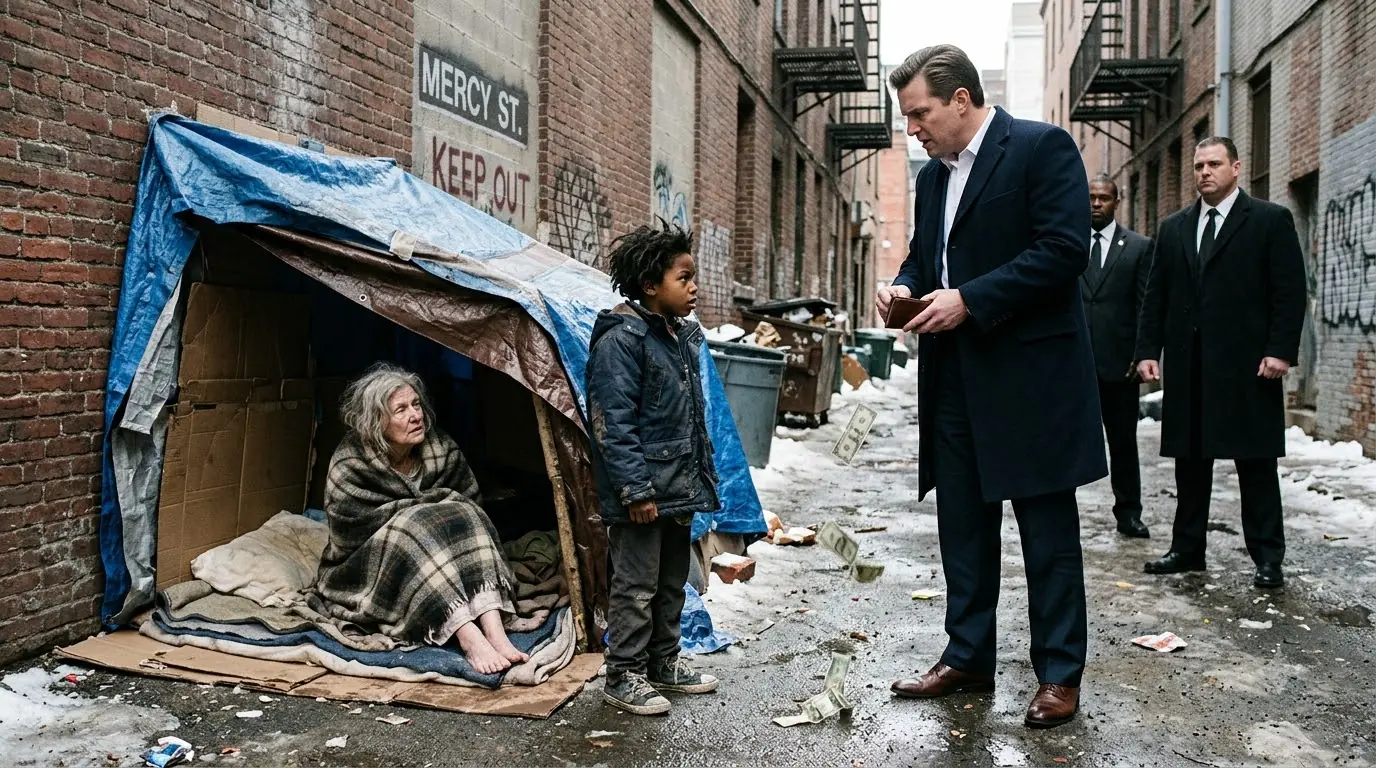 10-Year-Old Homeless Boy Shelters a Barefoot Elderly Woman — Then a Billionaire Shouts, “Mom!”