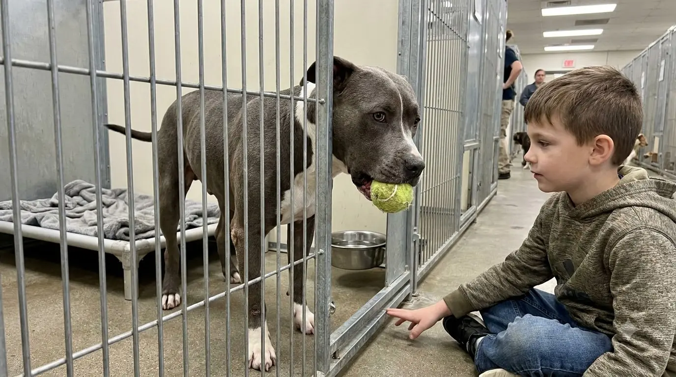 This Shelter Dog Keeps Sliding His Only Tennis Ball Back to the Boy Who Stopped at His Kennel