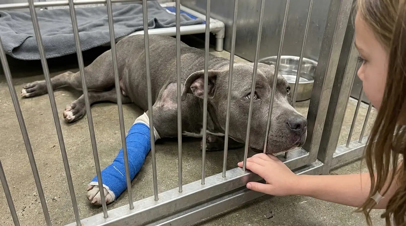 She Can’t Use One Front Leg, but She Still Hobbles Across the Kennel to Press Her Face Beside the Little Girl’s Hand