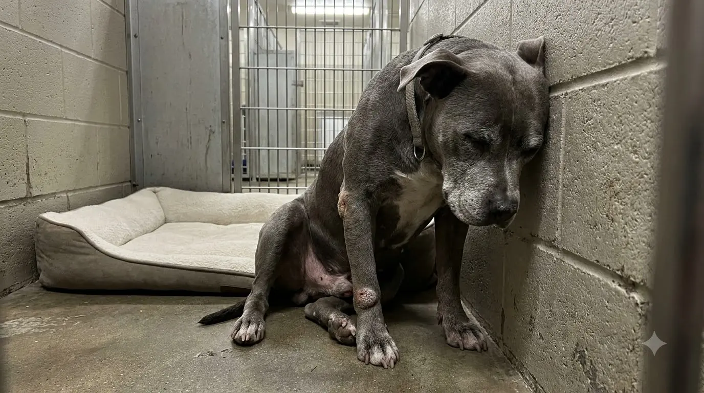 Every Night, This Senior Pit Bull Falls Asleep Sitting Against the Kennel Wall While His Bed Stays Empty