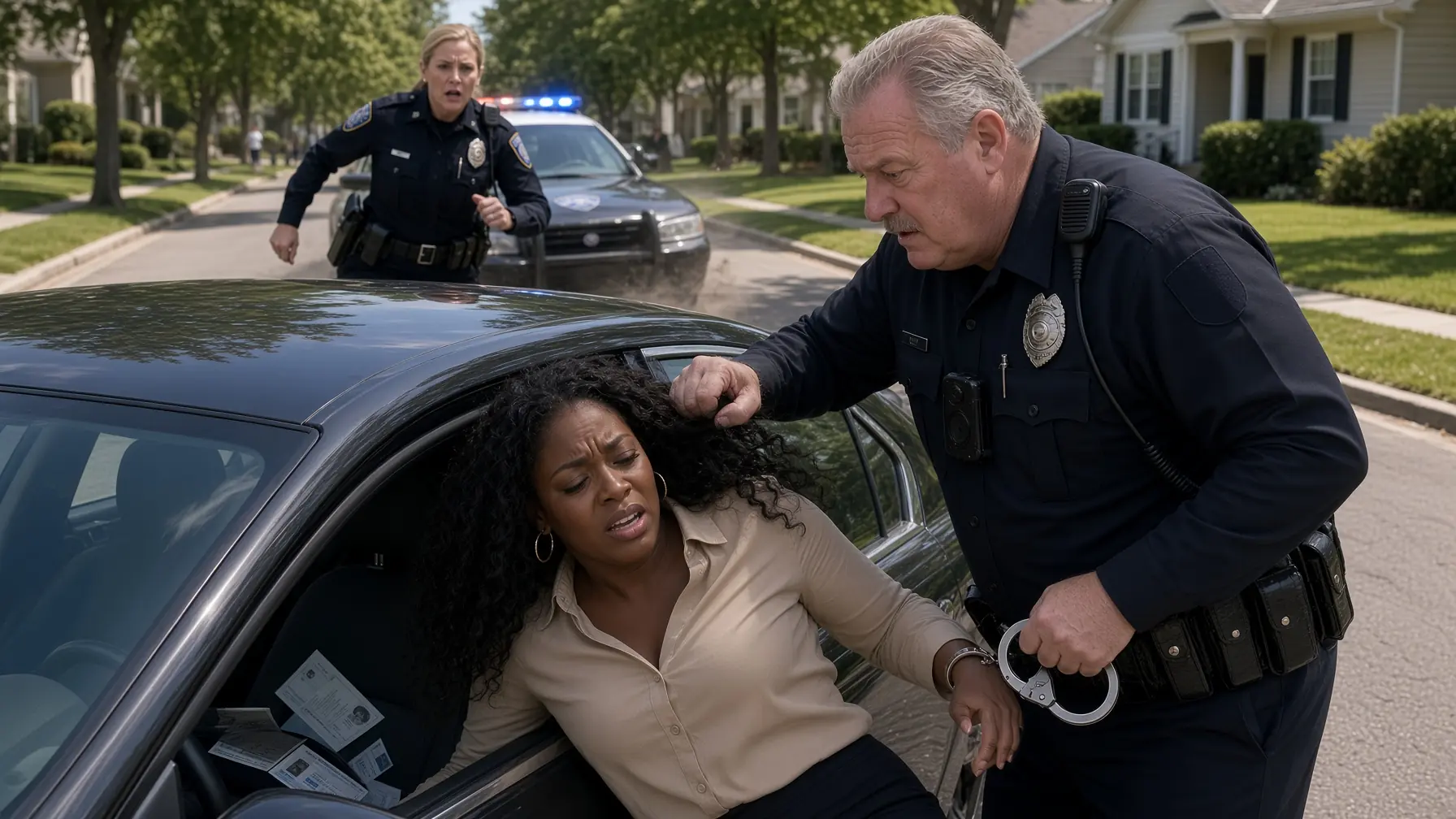 The Officer Grabbed Her Hair on a Quiet Road—Then the Cruiser Behind Him Stopped So Hard Everyone Turned