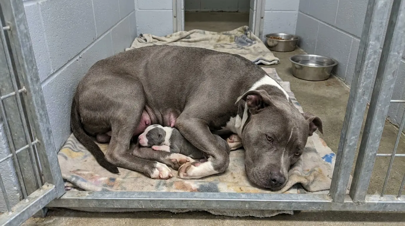 Even With an Entire Bed to Herself, This Mother Pit Bull Still Sleeps Wrapped Around the Only Puppy She Has Left