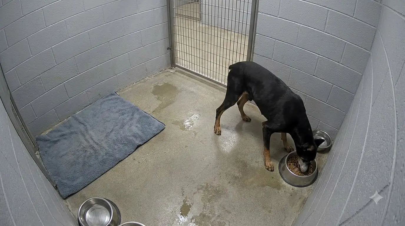 At Every Meal, This Senior Doberman Slowly Sinks Until His Chest Is Resting on the Food Bowl