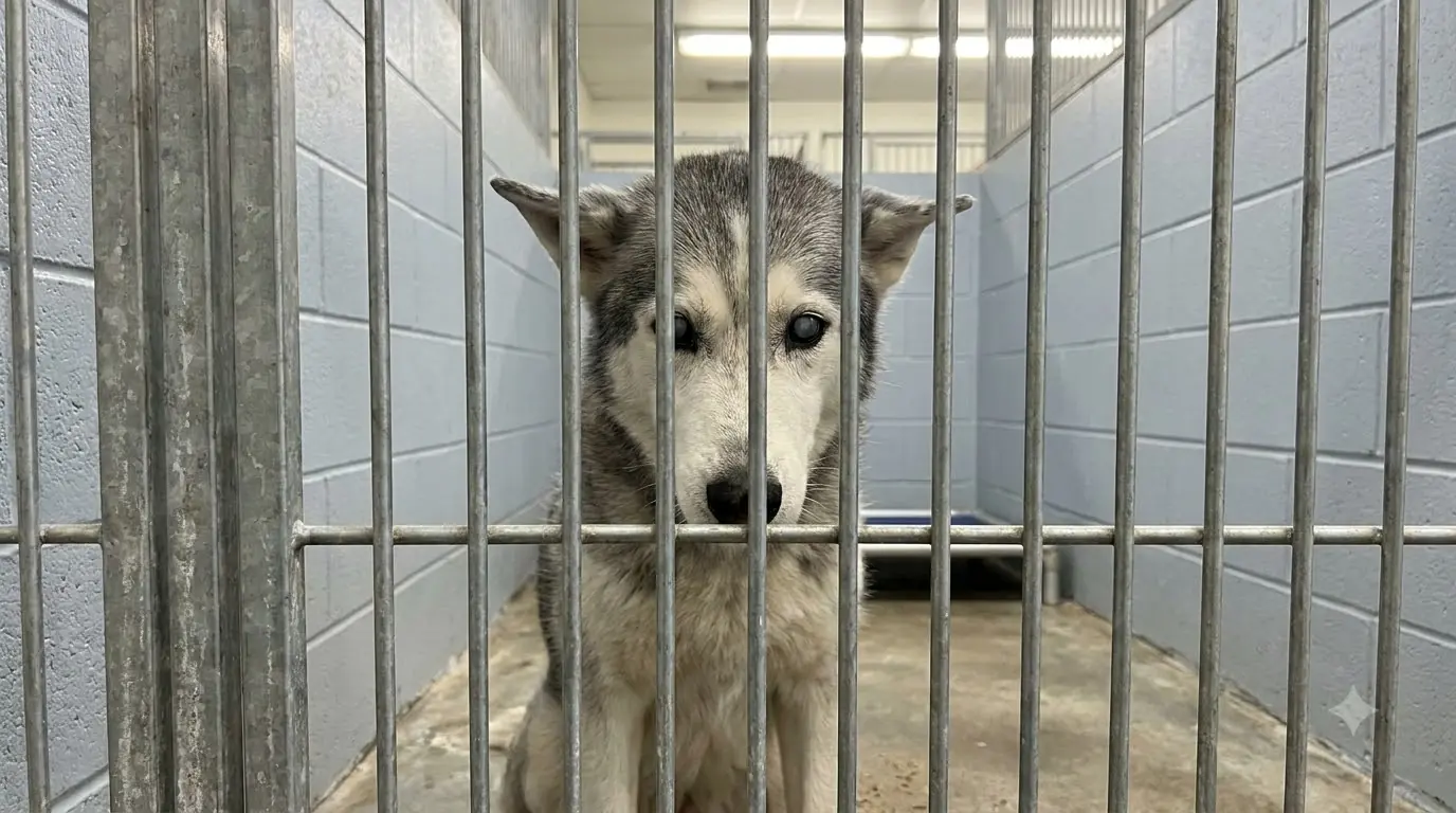 Every Time This Nearly Blind Senior Husky Leaves His Bed, He Has to Find the Wall Before He Can Find His Way Back